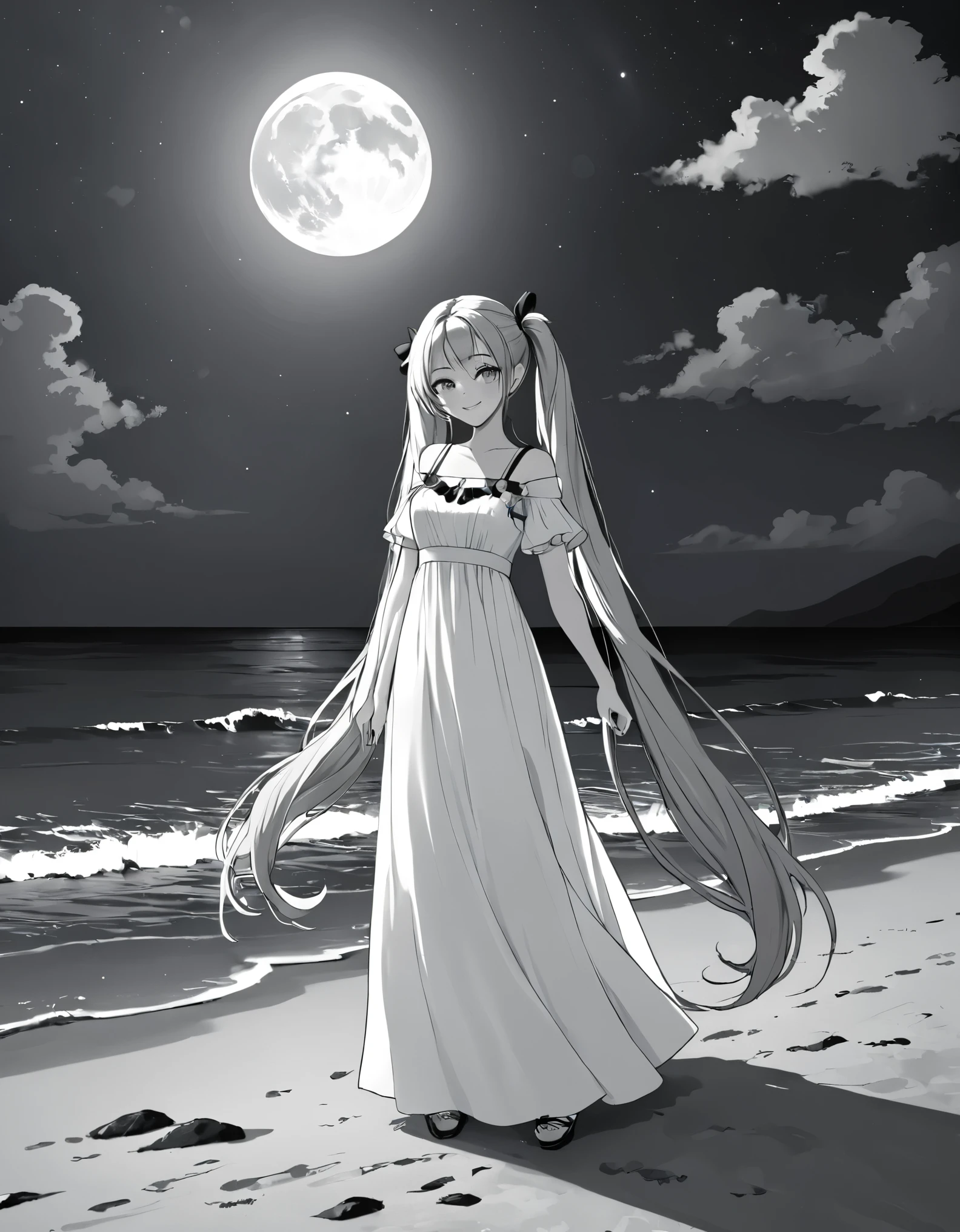 A world in black and white、moonlit seaside、Long Hair、Beautiful girl with twin tails、smile、looking at the camera。Long dress