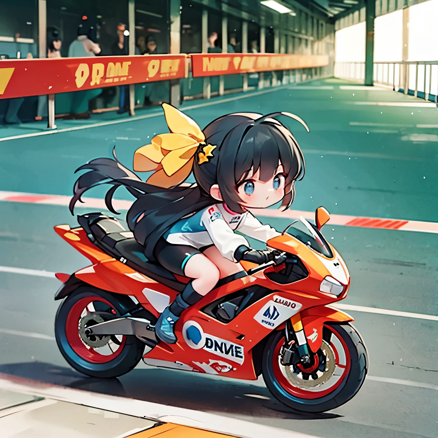 Very small mascot girl, Rear view of a female racer racing on a road bike, Black Hair, semi-long, stylish, Road Bike Racing, Behind the scenes of a heated battle between multiple road racers, speed, boost mood, Panning View, A rear view of a female racer chasing another female racer in front of her, Chasing from behind, Back depiction，