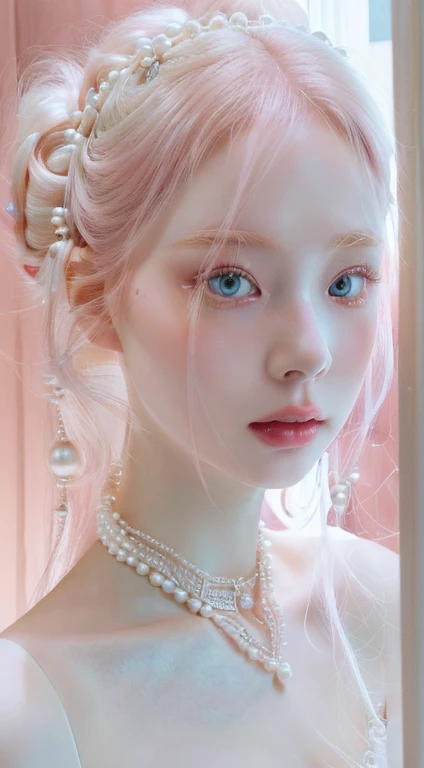 A close-up of a woman with pink hair and pearls, pale porcelain skin, pale porcelain white skin, cyberpunk rococo, albino pale white skin, beautiful pale makeup, inspired by Yanjun Cheng, pale ivory skin, Natalie Shau, aesthetic portrait, pale ivory skin, soft portrait 8k, pale skin curly blonde hair, Pastel pink skin tone, porcelain white skin, portrait of Barbie doll, pale porcelain skin, Barbie doll, beautiful and elegant queen, anime Barbie doll