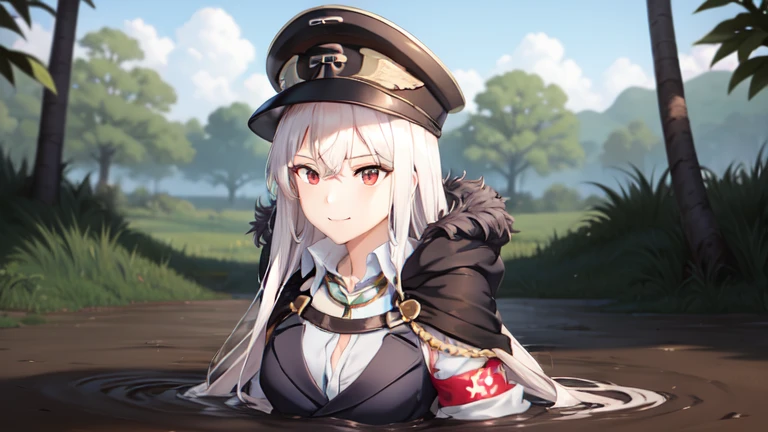 original outfit, 1girl, long hair, solo, breasts, looking at viewer, smile, fur trim, cleavage, sitting, peaked cap, jacket, black headwear, jacket on shoulderspartially submerged, in mud, flooding up to the chest, upper body, military uniform, jungle,  