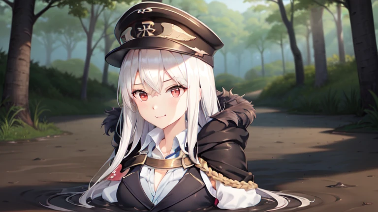 original outfit, 1girl, long hair, solo, breasts, looking at viewer, smile, fur trim, cleavage, sitting, peaked cap, jacket, black headwear, jacket on shoulderspartially submerged, in mud, flooding up to the chest, upper body, military uniform, jungle,  