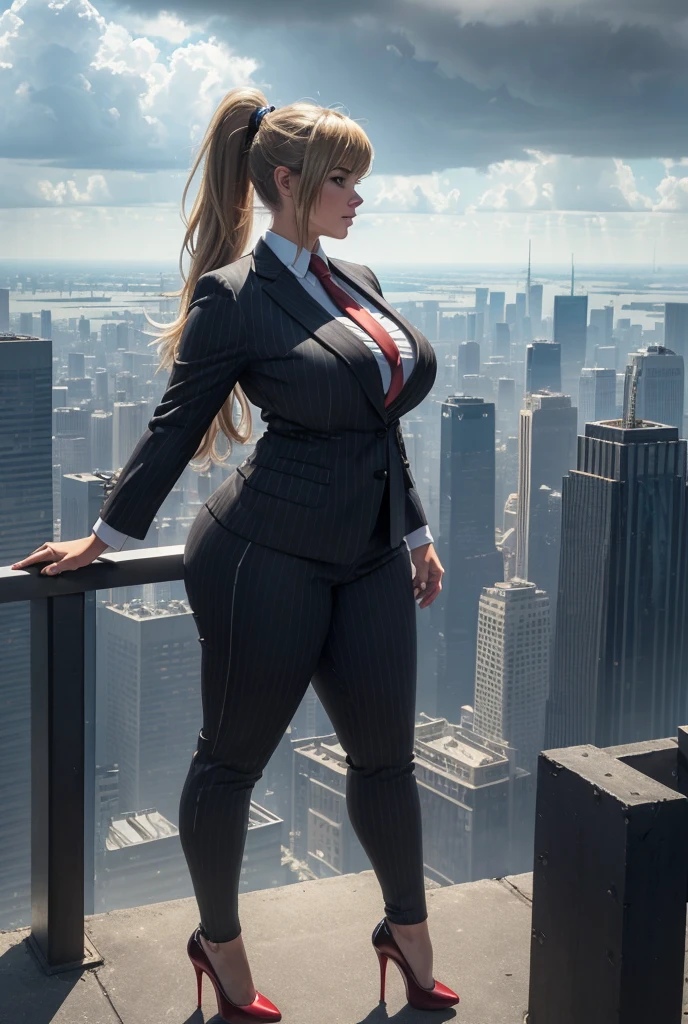 Young adult women beautiful curves a massive thighs blonde hair in a ponytail lipstick wearing a perfect perfect tailored grey pinstriped trouser suit and blazer, crisp white shirt and large broad red windsor knot tie,colossal breasts. Platform high heels , standing, giantess art, tie bar, highly detailed giantess shots, giantess, most detailed, perfect face, Two legs, Five fingers, short hair, A girl who is bigger than a skyscraper, standing on very small city new york, skyscarpers at their feet, skyscrapers small, smile, huge breasts, major metropolis, numerous cities, , A very small big city, Miniature metropolis, Full body description, GTS, giga giantess, gigagts, stomping city, crash city, tiny city, micro city, , High resolution, highest quality, masterpiece,  tiny destroyed skyscrapers city, illustration, skyscrapers size of small toys standing behind and very far away from city, (masterpiece, best quality, best shadows, best shading, perfect hands, perfect face, cinematic lighting, colorful, ultra-detailed, beautiful photography, character focus, extremely-detailed, photorealistic, hyper photorealism, atmospheric), ), (giantess, stereotypical office boss), (dirty, filthy, unwashed, sweaty, unkempt, happy, tired, exhausted, annoyed), ((walking, mid stride:1.2, stepping down on:1.2, stomping, crush, rampage)), (black patent Louboutin rounded toe pumps, high heels, platform heels), ((,)), ((long ponytail hair with front bangs)), (high altitude photography, satellite view), (curvy, , heaving bosom, legs), (mega city, urban sprawl, and small towns, buildings, roads), (((cloudy, overcast, clouds and atmosphere partly obscuring the subject:1.2, hazy atmosphere, haze in foreground, wispy clouds))) footprints warzone 