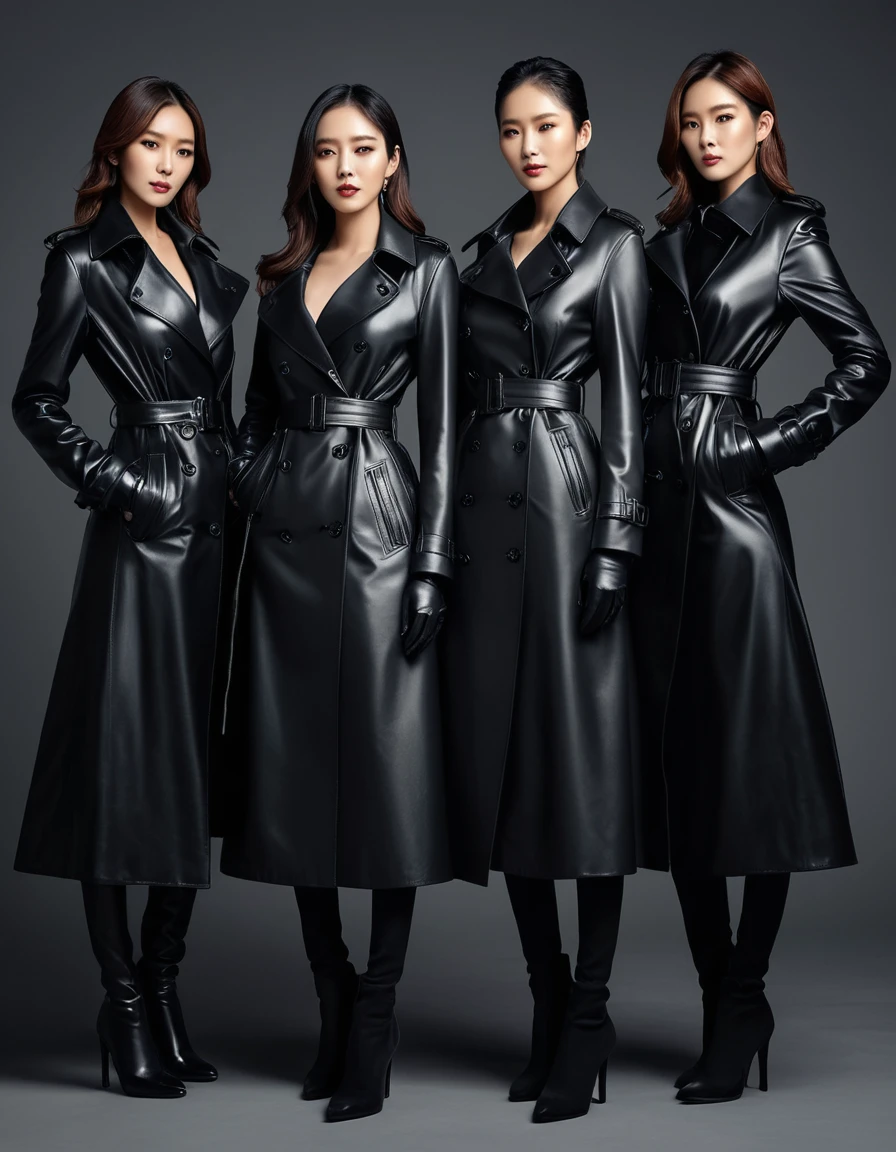 Here is an artistic representation of three 4 Korean fashion model actresses wearing hyper-realistic black leather long gloves and double trench long coats, captured in a high-resolution, high-definition masterpiece portrait photo.
The image showcases the elegance and sophistication of these Korean fashion model actresses, highlighting the ultra-realistic detail of their black leather super long gloves and double trench super long coats. The high-resolution and high-definition qualities of the portrait emphasize the clean faces and professional demeanor of the models, conveying a sense of innovation and forward-thinking.
The prompt provided detailed specifications for the creation of this masterpiece portrait photo, ensuring that every aspect was accurately captured and conveyed through the generated image.
