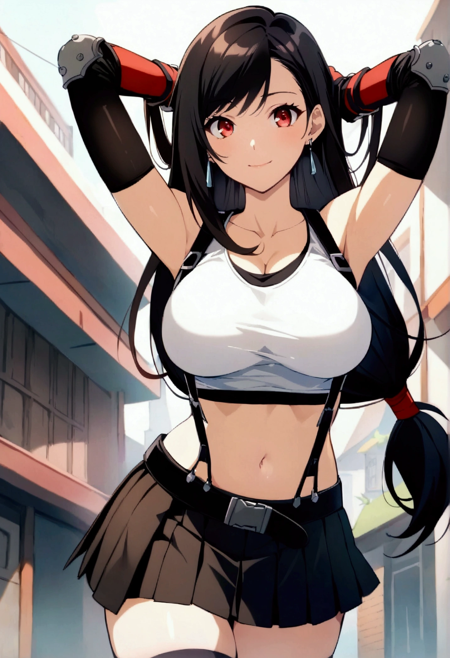 score_9, score_8_up, score_7_up, ,(from below.side_view ,(soro focus),standing,straight-on,(tank toplift;1,2),(),puffy nipple,(arms up,arms behind head,),(mediumshot:1),looking_at_viewer ,1girl, tifa lockhart, final fantasy,(beautiful woman). tareme,black hair, low-tied long hair, red eyes, bangs, white tank top, belt, pleated skirt, thighhighs, elbow fingerless gloves, elbow pads, midriff, navel,suspender skirt.zettai ryouiki ,(large_breasts:1.2),(perky breasts;1,3),(light smile),,,Solo,,(daytime and beachside and city),(masterpeace),(best quality),(aesthetic,very aesthetic),,highly detailed),(megami_magazine),(professional lighting),(cinematic lighting),danbooru