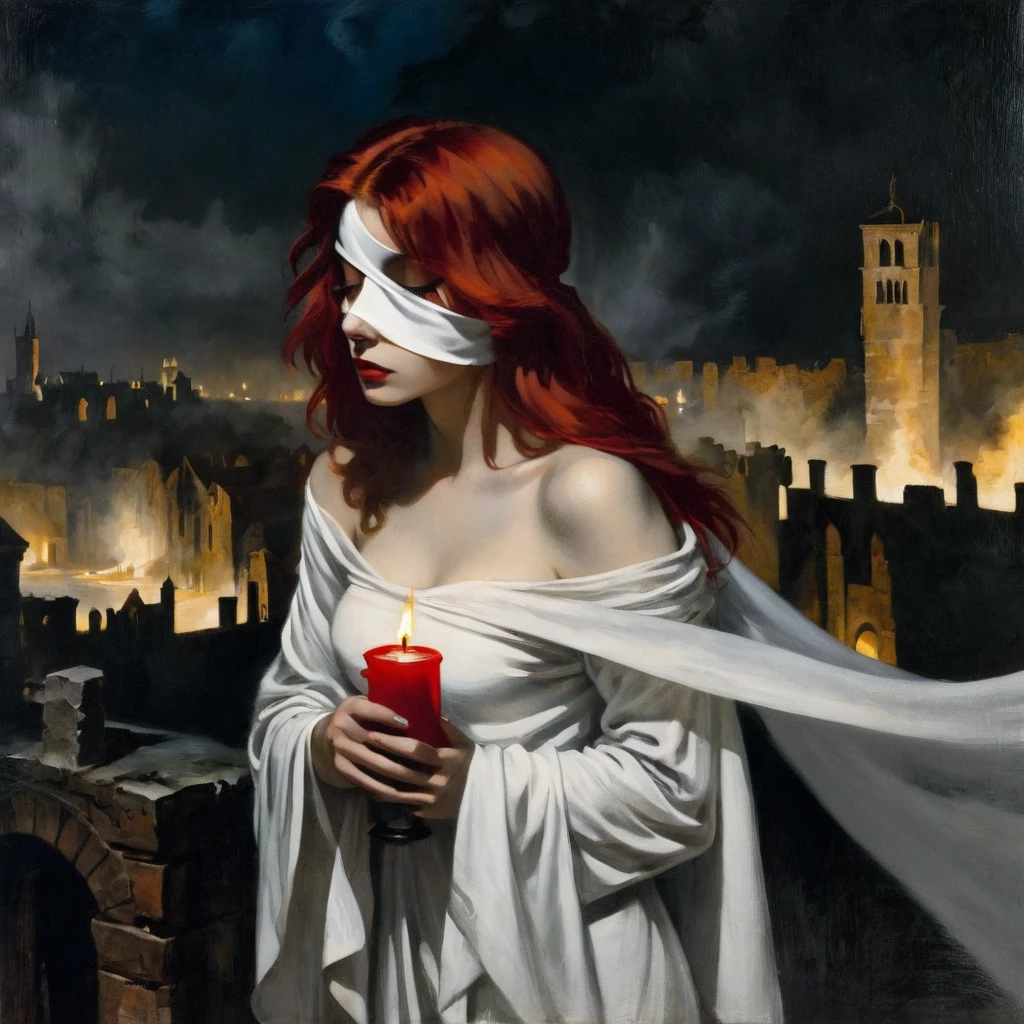 1 european girl, blindfold eyes, naked but covered by a white sheet, long red hair, she holds a lit candle in front of her ,ruins of a large foggy medieval city at night in background, detail richness, masterpiece, best quality, caravaggio painting style