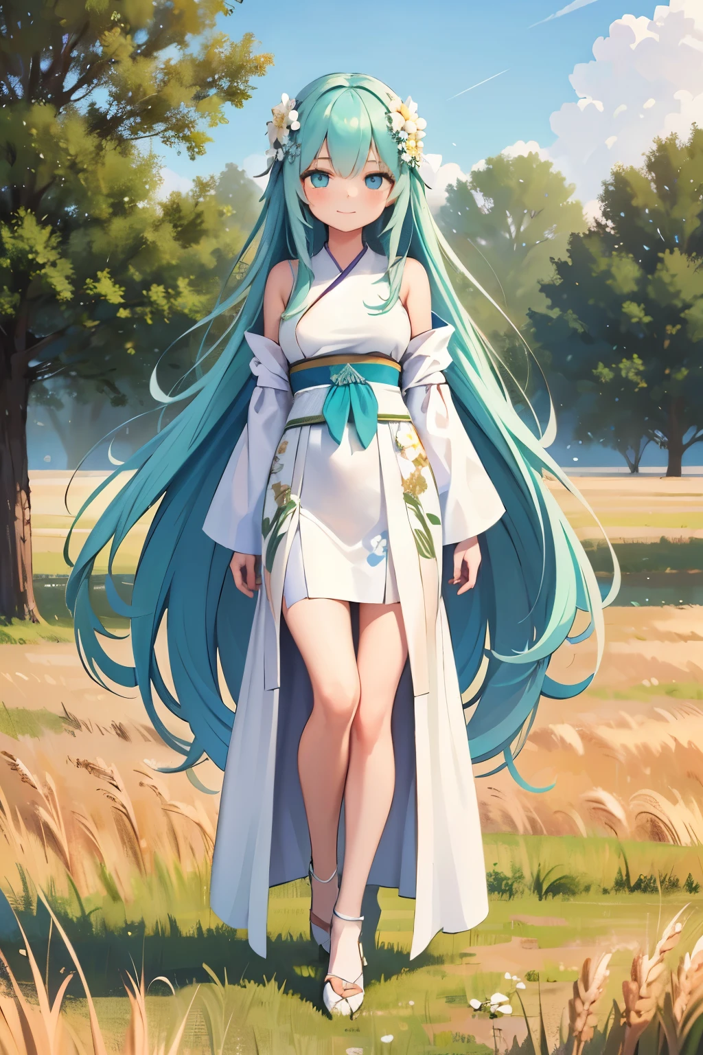 masterpiece, best quality, ultra highres, detailed illustration, portrait, detailed, 1girl standing in wheat field, solo, long hair, dress, flower, white hanfu, smile, full body, white flower, bare shoulders, very long hair, aqua hair, closed mouth, facing viewer, bangs,