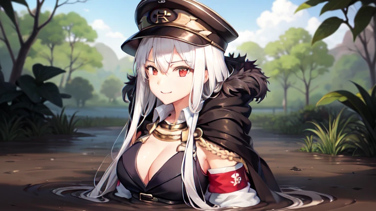 original outfit, 1girl, long hair, solo, large breasts, looking at viewer, smile, fur trim, cleavage, sitting, peaked cap, jacket, black headwear, jacket on shoulders, partially submerged, in mud, flooding up to the chest, upper body, military uniform, jungle, bogged,