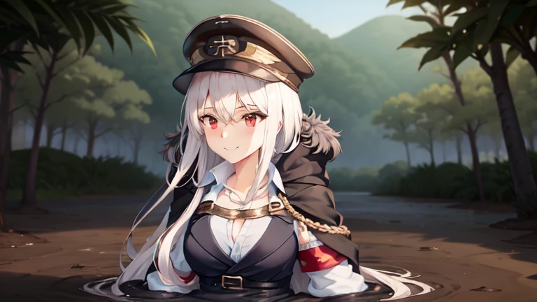 original outfit, 1girl, long hair, solo, large breasts, looking at viewer, smile, fur trim, cleavage, sitting, peaked cap, jacket, black headwear, jacket on shoulders, partially submerged, in mud, flooding up to the chest, upper body, military uniform, jungle, bogged,