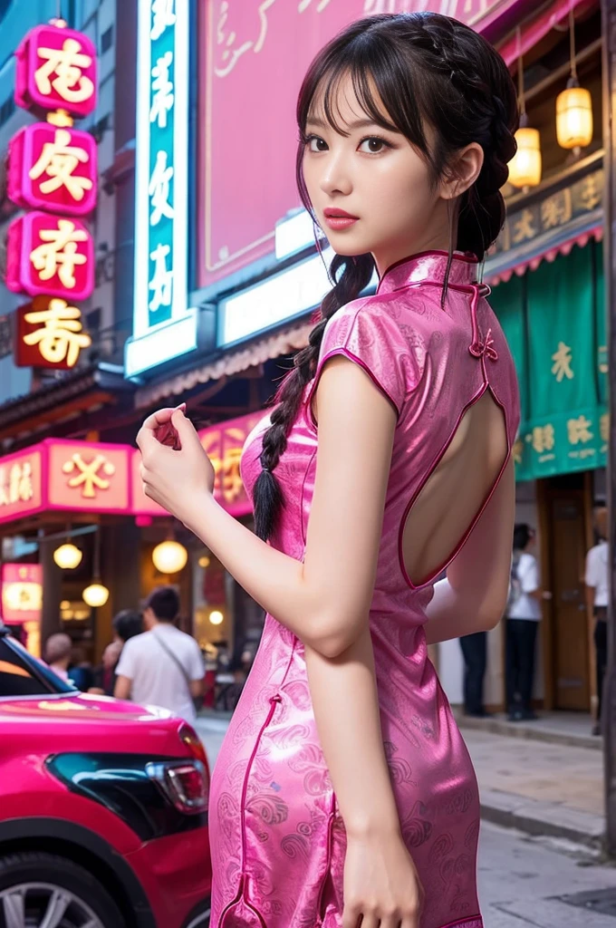 Beautiful Kung Fu Idol、Lip Gloss、hole body、Good style、、、、、Tight cheongsam mini dress with large scorpion print、long braided hair、Neonfuchsia hair (Neonfuchsia)、cinematic light、large Chinese restaurant in the background