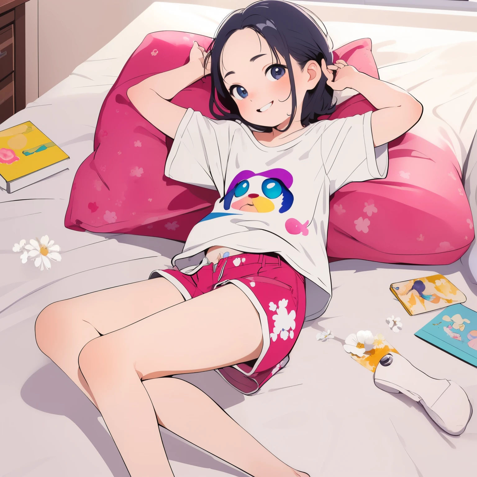 (masterpiece，Highest quality，High resolution)，Colorful bedroom，A very small girl，Baby Face，child，Brat，(Oversized white printed t-shirt，White floral panties), (Zippered shorts，Take off your shorts), Lying in bed，smile，Bruises and gestures，fun，Fisheye Lens，Vibrant colors，watercolor，