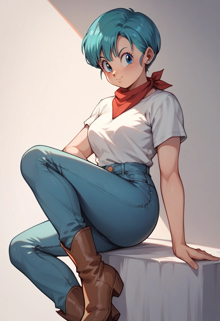 Original style, Bulma, short hair, blue eyes, blue hair, White short-sleeved shirt, jeans, red kerchief around the neck, cowboy boots  