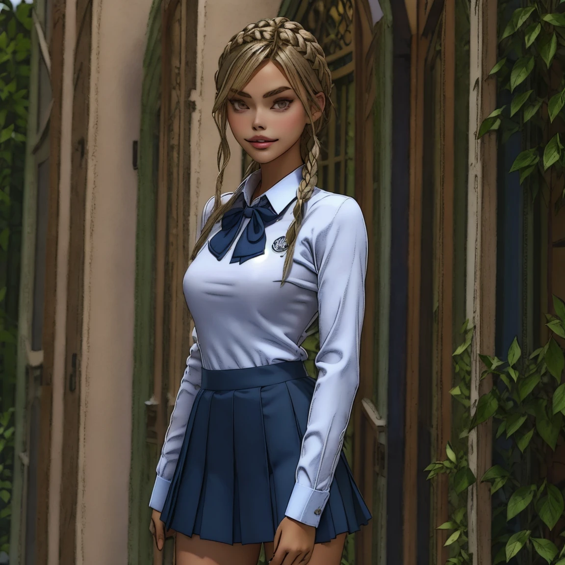 slmn, 1girl, solo, skinny, masterpiece,best quality,highres,ultra-detailed,aadarjeeling st. gloriana's school uniform, (navy grey sweater), emblem, collared shirt,long sleeves,pleated miniskirt, outdoors,:smile,cowboy shot, braids