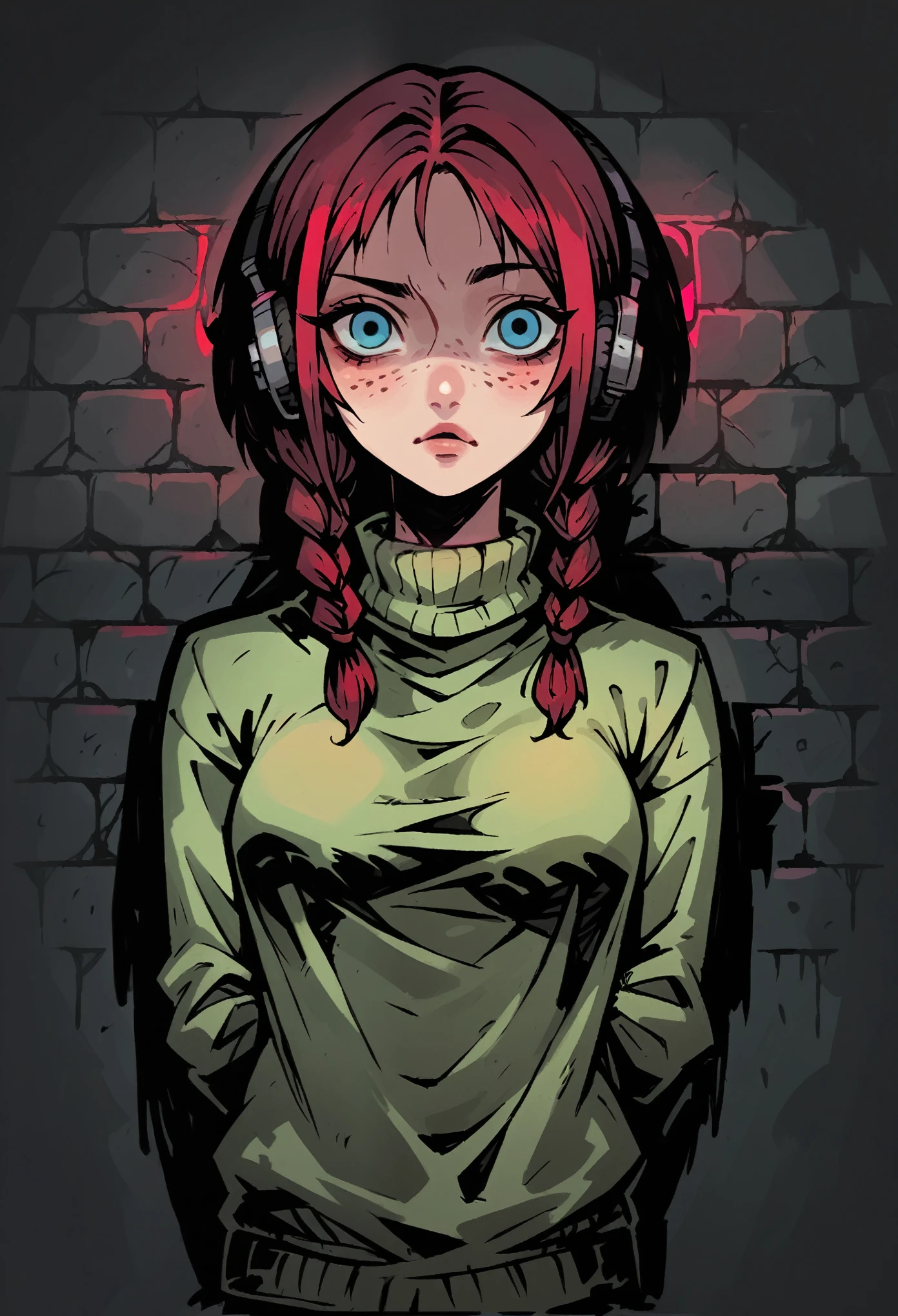 Medium close-up of a pale, slender girl, medium hair, korean maroon hair with braids, contrast blue eyes with slightly freckles. She has thoughtful eyes and wander face expression with one eyebrow up, looking directly at the viewer, with a finely detailed, ultra-clear face. She has small black headphones. Hands behind her back. She wears clean green woolen sweater. The background features a weathered brick wall with maroon neon green light, creating dark, atmospheric scene. Highly detailed, inspired by Chris Bourassa's. Dramatic lightning, maroon neon lamp lights. Somber character design with thick outlines.