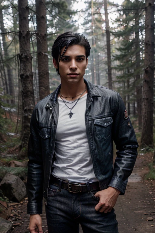 Chai Romruen, Zac Blakely, Teen Wolf, 18 years, cabello negro corto y desordenado, slim muscular build ,ojos marrones, camisa negra sin mangas con cuello negro, leather belt, jeans negro oscuro, colgante de luna plateada, jeans negros, fondo de bosque brumoso negro.