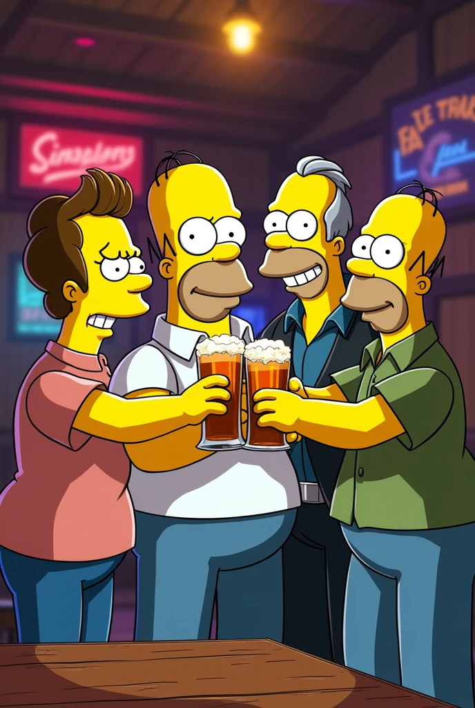 Rick Sanchez from rick and morty and Homer Simpson from the simpsons eating at bobs burgers drinking a beer