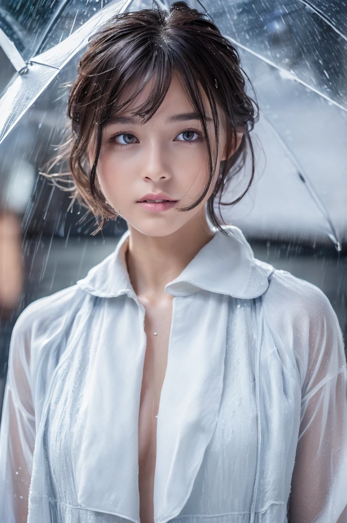 ((Highest quality, 8k, masterpiece:1.3)), concentrated:1.2, Perfect Body Beauty:1.4, Hips:1.2, ((Layered Haircut, chest:1.2)), (Wet clothes:1.1) , (rain, street:1.3), Bandeau dress: 1.1, Highly detailed face and skin texture, Beautiful Eyes, double eyelid, White skin, Long Hair, (shut up: 1.3)