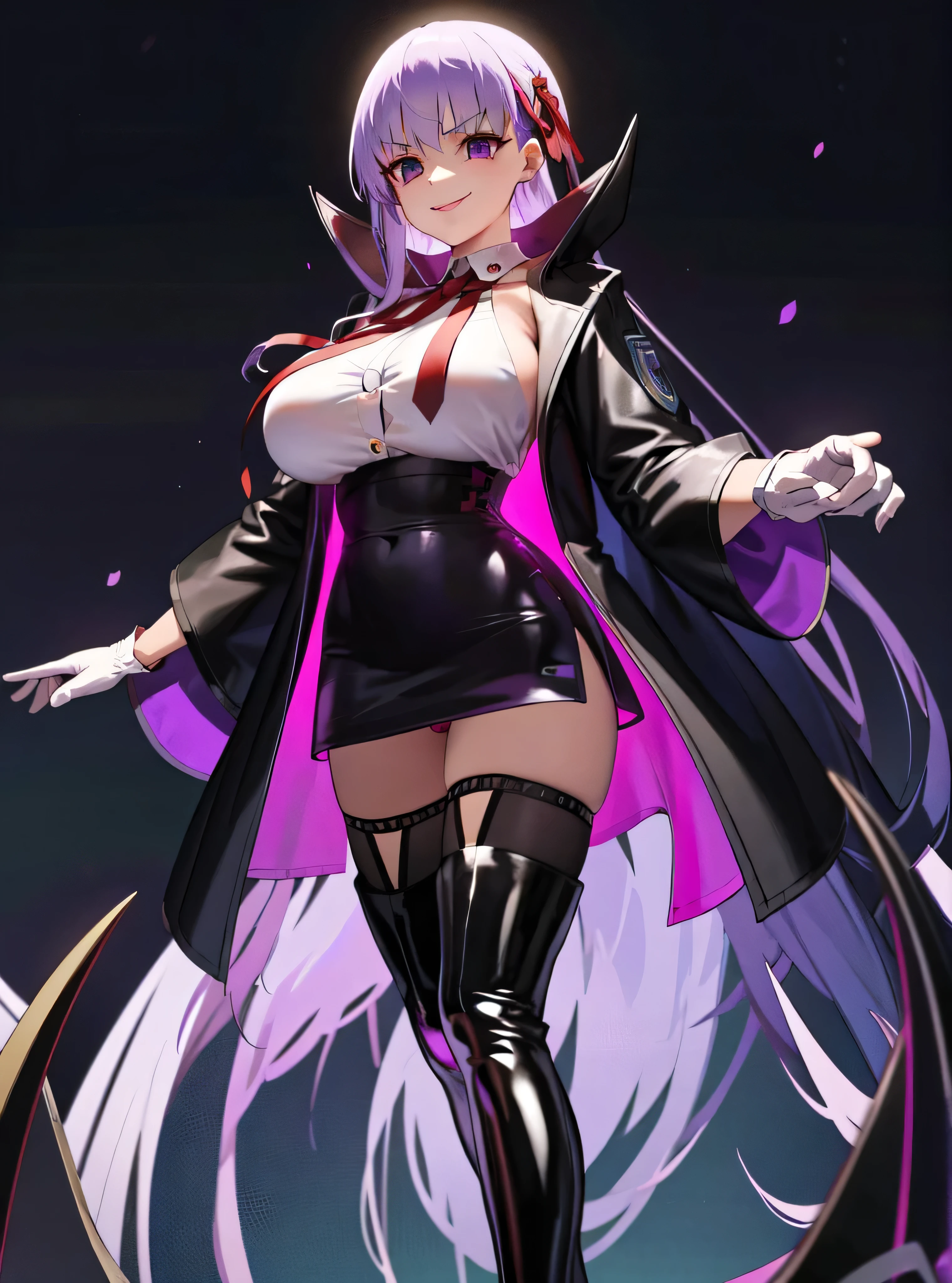  Isoscale, Mid Shot,  night, ,,, Purple Hair, Black jacket, White shirt, Black Skirt, Red ribbon, Big Breasts, Purple eyes, White gloves, Long Hair, Large collar, Wicked Smile,,shiny thigh high boots,(Wicked Smile:1.3),Highly detailed CG Unity 8k wallpaper, Perfect lighting,,Looking down at the viewer,,Anxious smile,Deep Dark World Background,Dark shadowed face(Eyes in the shadows),solo,Yandere,latex,masterpiece, Highest quality, High resolution, One person,View your viewers,look down,,Embodiment of evil,two hands,Two legs,five fingers,ruins,purple aura,beautiful body,beautiful hands,beautiful face,beautiful fingers,beautiful legs,perfect body,perfect hands,perfect legs,perfect fingers,perfect hair,purple lightning,Dark atmosphere,