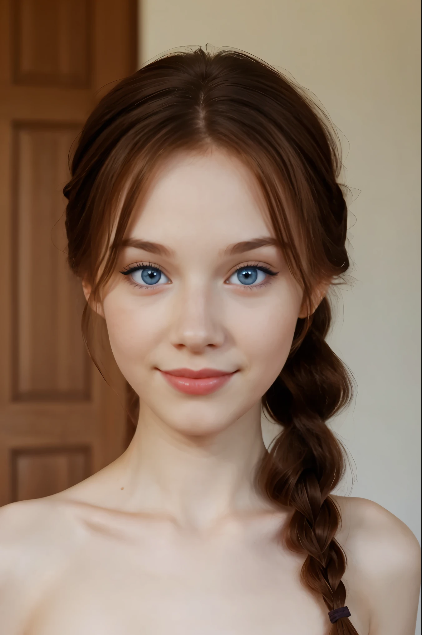 (1 ite girl), 3/4 body, looking at camera, cute face, red lips, dark auburn hair, perfect pale skin, (closed smile), thin, skinny, slender, anorexic, french braids, big lower lip, very petite, round big breasts, nude, naked