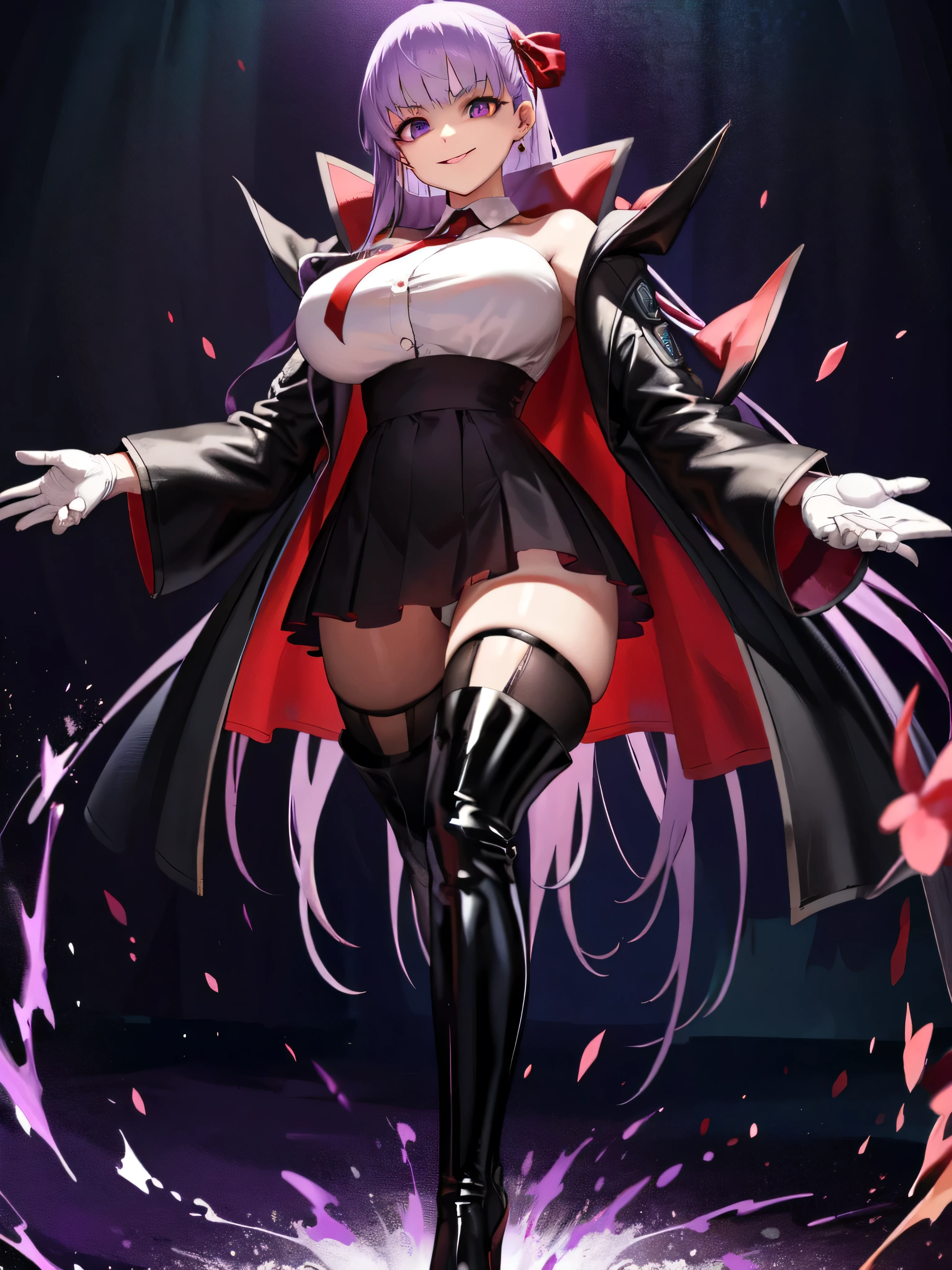  Isoscale, Mid Shot,  night, ,,, Purple Hair, Black jacket, White shirt, Black Skirt, Red ribbon, Big Breasts, Purple eyes, White gloves, Long Hair, Large collar, Wicked Smile,,shiny thigh high boots,(Wicked Smile:1.3),Highly detailed CG Unity 8k wallpaper, Perfect lighting,,Looking down at the viewer,,Anxious smile,Deep Dark World Background,Dark shadowed face(Eyes in the shadows),solo,Yandere,latex,masterpiece, Highest quality, High resolution, One person,View your viewers,look down,,Embodiment of evil,two hands,Two legs,five fingers,ruins,purple aura,beautiful body,beautiful hands,beautiful face,beautiful fingers,beautiful legs,perfect body,perfect hands,perfect legs,perfect fingers,perfect hair,purple lightning,Dark atmosphere,