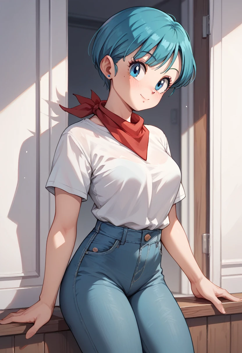 Original style, Bulma, short hair, blue eyes, blue hair, White short-sleeved shirt, jeans, red kerchief around the neck, cowboy boots  