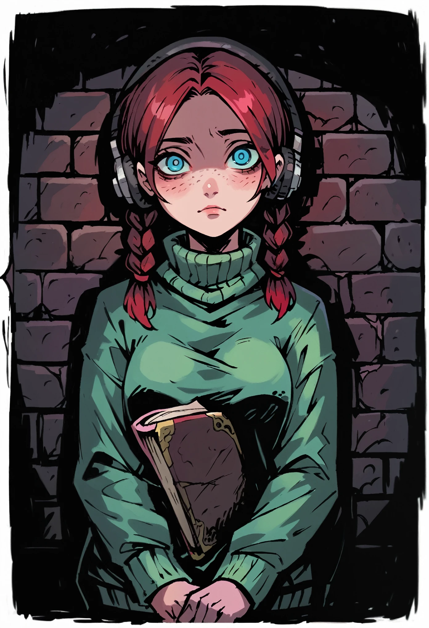 Medium close-up of a pale, slender girl, medium hair, korean maroon hair with braids, contrast blue eyes with slightly freckles. She has thoughtful eyes and wander face expression, looking directly at the viewer, with a finely detailed, ultra-clear face. She has small black headphones. She wears clean green woolen sweater. Both hands holding old detailed book that is touching her belly under her small brests. The background features a weathered brick wall with maroon neon green light, creating dark, atmospheric scene. Highly detailed, inspired by Chris Bourassa's. Dramatic lightning, maroon neon lamp lights. Somber character design with thick outlines.