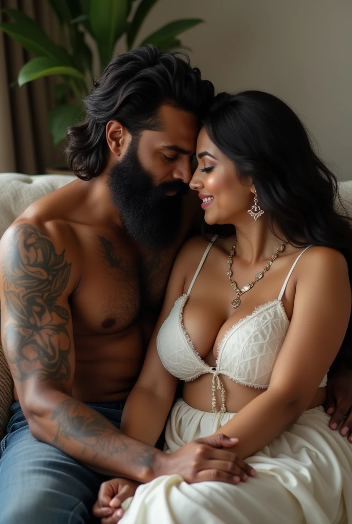 Newly wed indian couple, hot curvy south indian thick milf with single plaited hairstyle, big breast, big hip, big ass, thick thighs, woman wearing nighty, cleavage, indian couple, very short indian brown man with buzz cut, very big muscular body and beard, man wearing shorts, woman with man, couple in a big bedroom, high resolution, looking at camera, tall woman and short man, close-up potrait, Closed Mouth, man pulling woman hair, serious face, couple sitting in bed, front view
