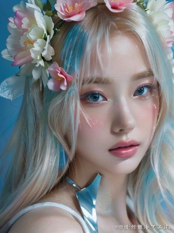 A close-up of a woman with flowers in her hair, 🌺 society, ethereal beauty, ethereal!!! ultra realistic, ethereal fairytale, with frozen flowers around it, fantasy aesthetic!, combine, fantasy aesthetic, ross tran 8k, beautiful fantasy portrait, beautiful and aesthetic, estética de combines, ethereal fantasy, porcelain white skin, Edgar Maxence and Ross Tran, portrait of Barbie doll, pale porcelain skin, Barbie doll, beautiful and elegant queen, anime Barbie doll,