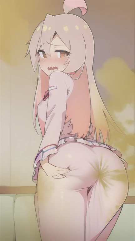 High quality, high resolution, masterpiece, best quality, highres, ddzero2, long hair, ponytail, sidelocks, horns, hairband, collarbone, miniskirt, small tank top, from behind, thong, :o, looking at viewer, standing, bed room, ass, pussy, sexy, horny mood,