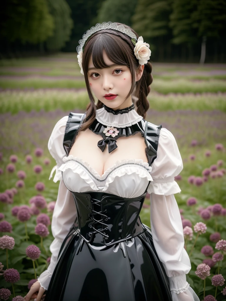 (nsfw), sexy stylish Swedish model, only 1 female, ((doll-like appearance)), short Auburn stylish hair, ((shiny Victorian-Style boots)), (big smile), ultra detailed eyes, vivid eye makeup, lipgloss, long lashes, defined eyebrows, ((sexy Paradise Kiss cosplay)), bell-shaped skirt, petticoats, high neckline, puffed sleeves, ((ultra detailed lace)), ((ultra detailed embroidery)), intricate details, Paradise Kiss accessoires and matching headpiece, choker, ((large sparkling Paradise Kiss jewelry)), cinematic light, detailed large park background with trees