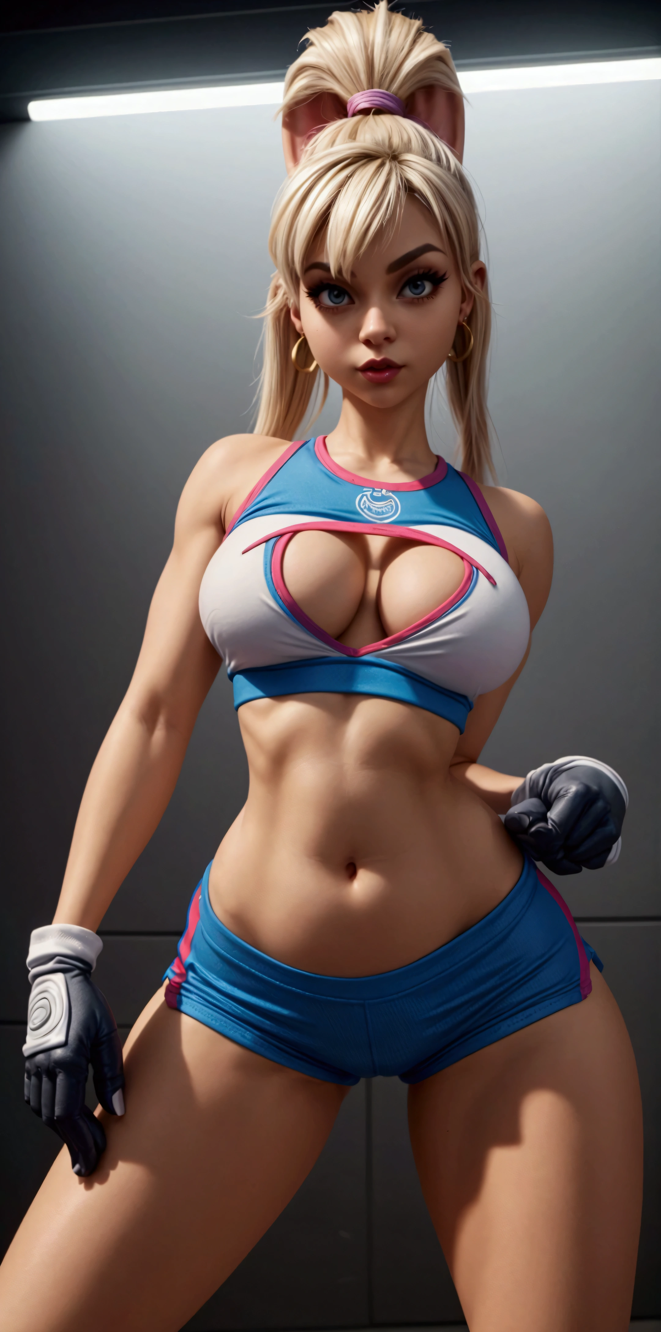 lola bunny, tight t-shirt, sexy pose, thin narrow waist, legs, realistic skin, earrings, short gloves covered arms, open belly, open shoulders, hot body, sport microshorts, sportroom background