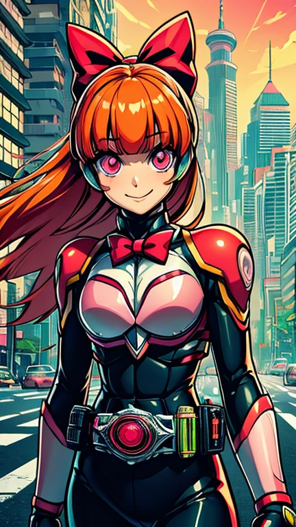 (8k),(masterpiece),(Japanese),(1girl),((Blossom)),((Kamen_Rider)),From the front, upper body, Cowboy shot, close up, smile,cute,Innocent,Kind eyes, Flat chest, (long orange hair, blunt bangs, pink eyes, hair bow, red bow), red domino mask,city-scene-aso, night,dark, Neon light, LED, building , landscape, avenue, cyberpunk city, vivid colors 