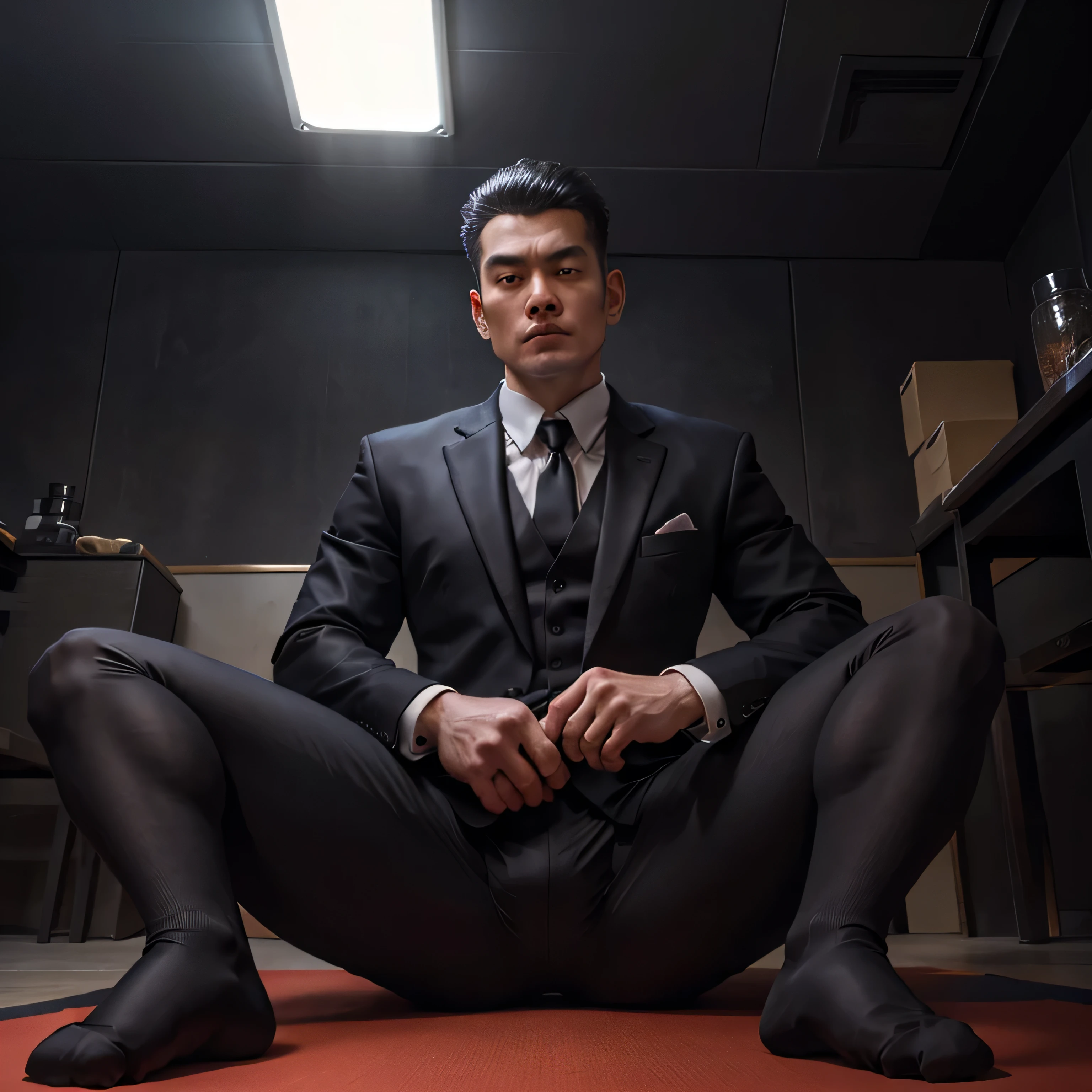 Arafed man in a suit sitting on the floor in a room - SeaArt AI