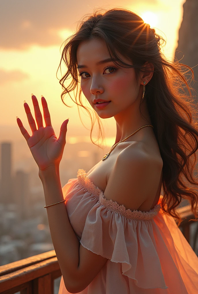 raw photo , 8K, ultra detailed, (realistic:1.2), (1girl:1.3),(round face), (long dress), (smile:1.4), (flying:1.4), (sexy:1.5), (sunset:1.5),(from above:0.0)