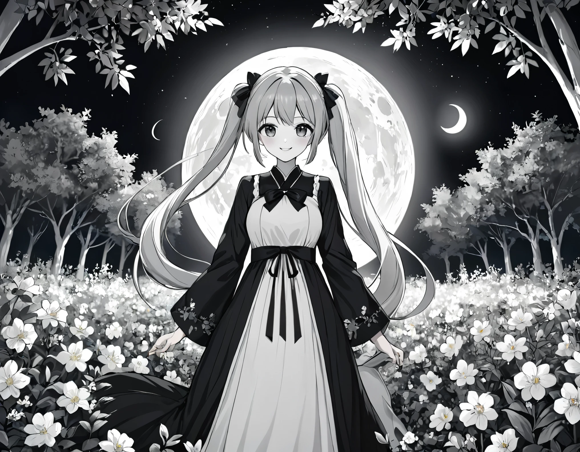 A world in black and white、In the mysterious forest、Lots of flowers、Mysterious long hair、Beautiful girl with twin tails、smile、looking at the camera。Long dress、full moon、全てA world in black and white