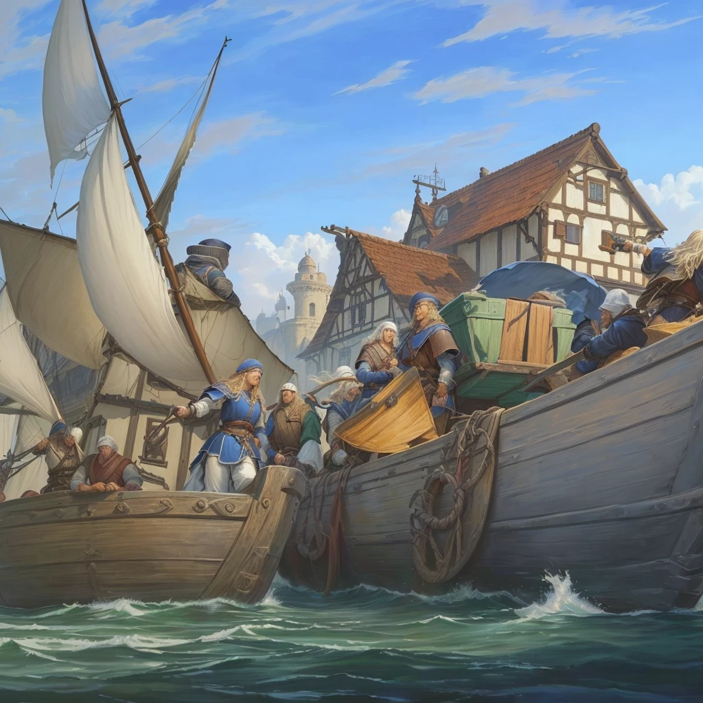 Painting of a group of people on a boat in a harbor, Dragonlance illustration, fleeing traders, inspired von Larry Elmore, von Larry Elmore, the streets of Baldur&#39;s Gate, Larry Elmore : 0. 5, Fantasy roleplaying book illustration, by Rob Alexander, medieval fantasy illustration, RPG Music, lankhmar, medieval fantasy gaming