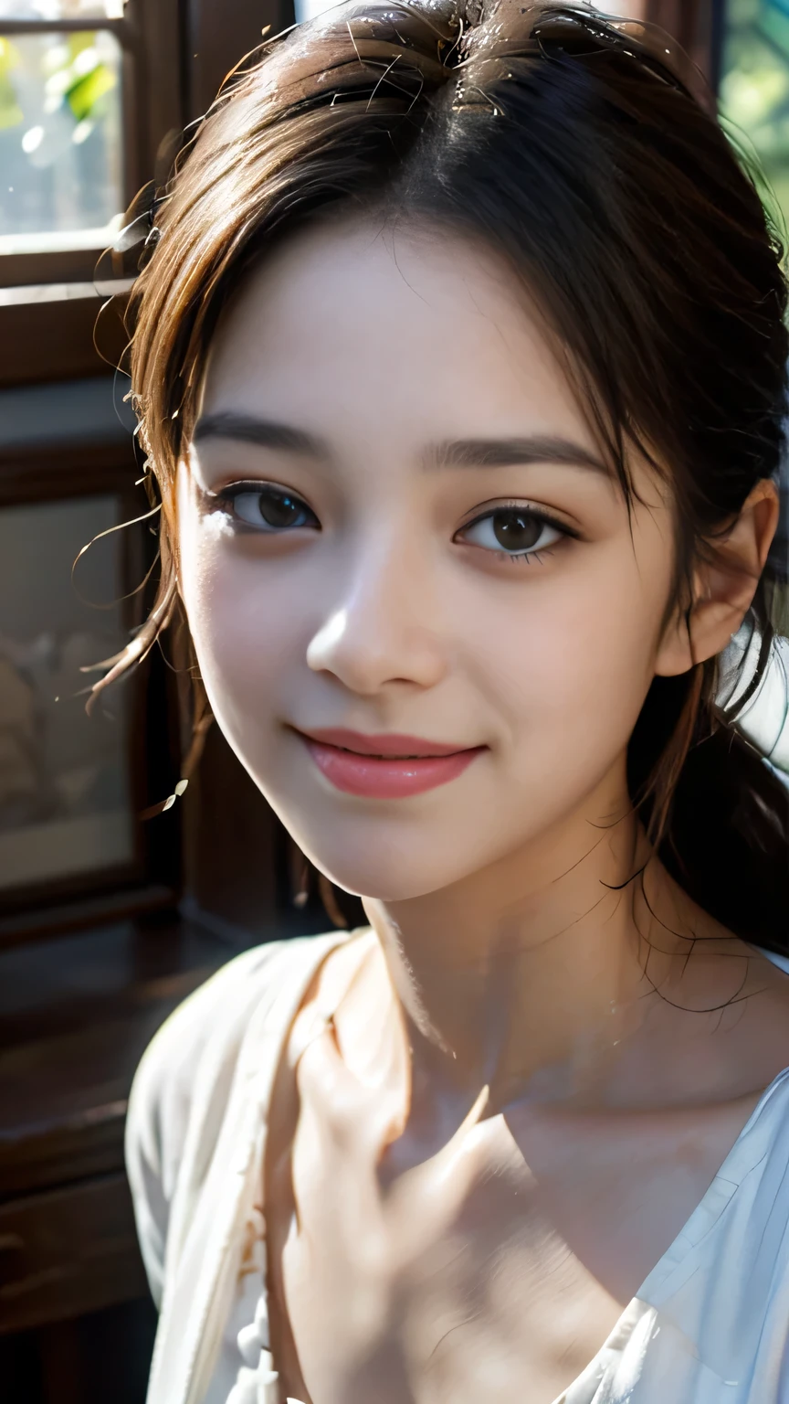 ((sfw:1.5))、(RAW Photos:1.2), (Highest quality,4K,8k,High resolution,masterpiece:1.2),Very detailed,(Realistic:1.2),Fine and beautiful eyes,Thick and beautiful lips,Very detailed目と顔,Long eyelashes,Natural light,Romantic atmosphere Loose dress,Feminine and graceful pose,Happy and confident look,smile、High fashion style, fine art portraiture, Impressionist style、Beautiful teeth、smile