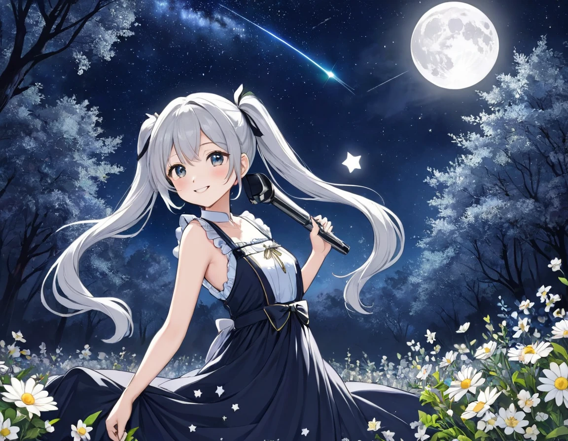 A world in black and white、In the mysterious forest、Lots of flowers、Mysterious long hair、Beautiful girl with twin tails、smile、looking at the camera。Long dress、full moon、shooting star、milky way、全てA world in black and white