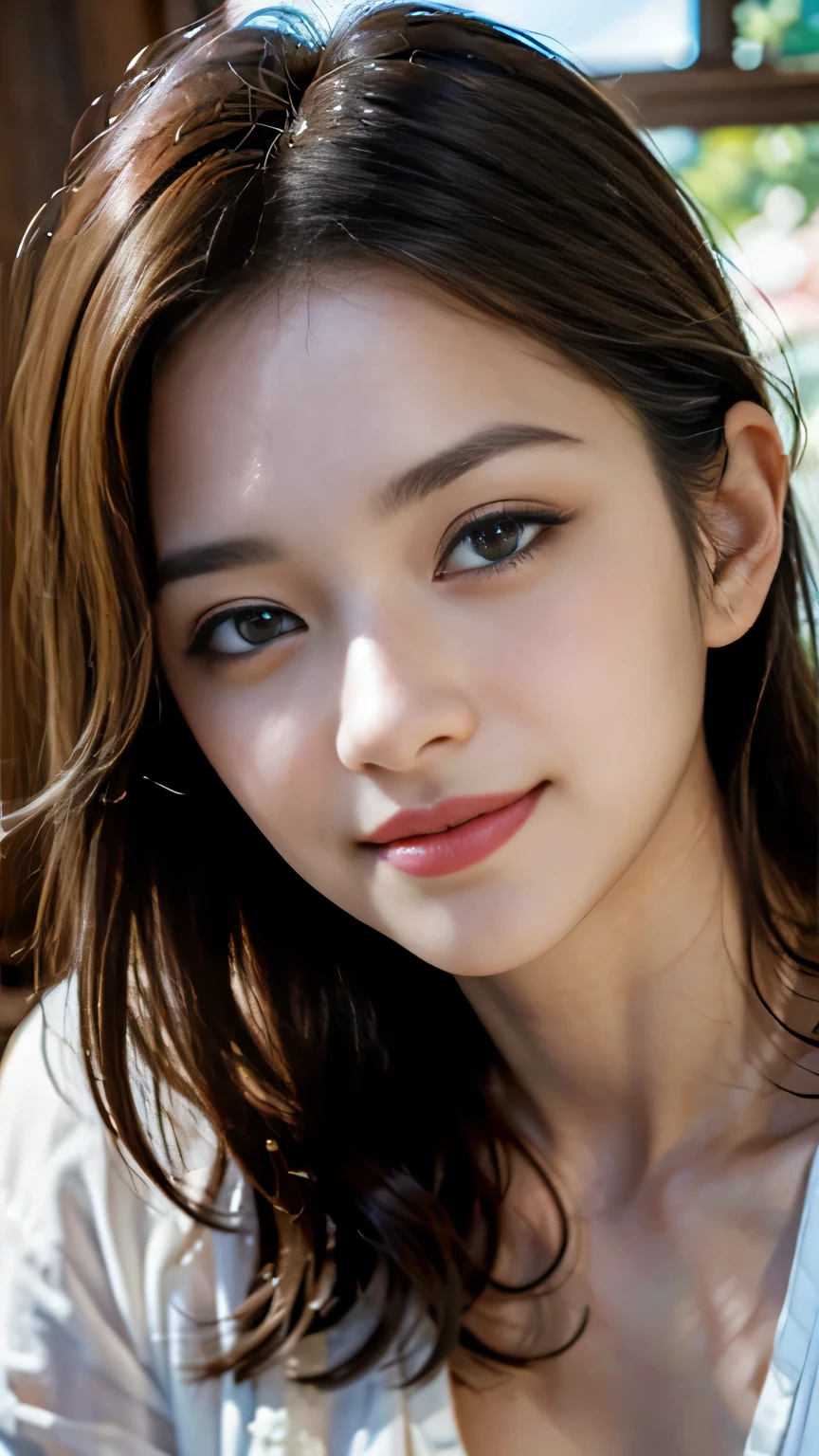 ((sfw:1.5))、(RAW Photos:1.2), (Highest quality,4K,8k,High resolution,masterpiece:1.2),Very detailed,(Realistic:1.2),Fine and beautiful eyes,Thick and beautiful lips,Very detailed目と顔,Long eyelashes,Natural light,Romantic atmosphere Loose dress,Feminine and graceful pose,Happy and confident look,smile、High fashion style, fine art portraiture, Impressionist style、Beautiful teeth、smile