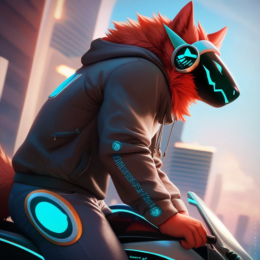 8k, 4k, Detailed, High quality, furry, female, mature female, by buta99, arctic protogen, long visor, blue visor, tuft neck, fluffy tail, sexy body, futuristic assasin clothing, hoodie on, ridding a motorbike, futuristic city, side view