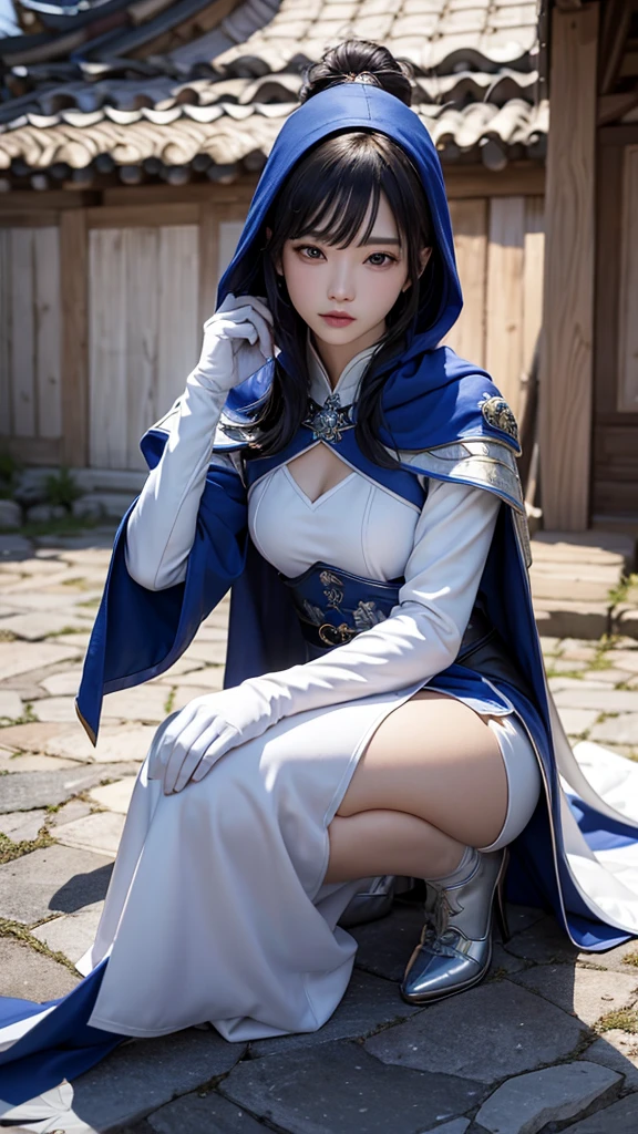 South korea asssassin's creed walk women mystery hooded on with modern royal Blue coat with buttons and royal Blue cape and very high white heel over the knee and white gloves, As she reveals a small secret hidden blade, adding to the characters mysterious, with small movements of air on the cape, in summer at night under the rain, with medieval South korea village featuring curved eaves and detailed architecture. sophisticated and highly detailed, ultra hd, realistic, hyper detailed, enhanced colours, ultra sharp focus, with vibrant, rich in details High quality, gorgeous, captivating, 8k, super detailed, stunning shadows, detailed lines, blood stain on clothes and walls, corpses in the street recently murdered