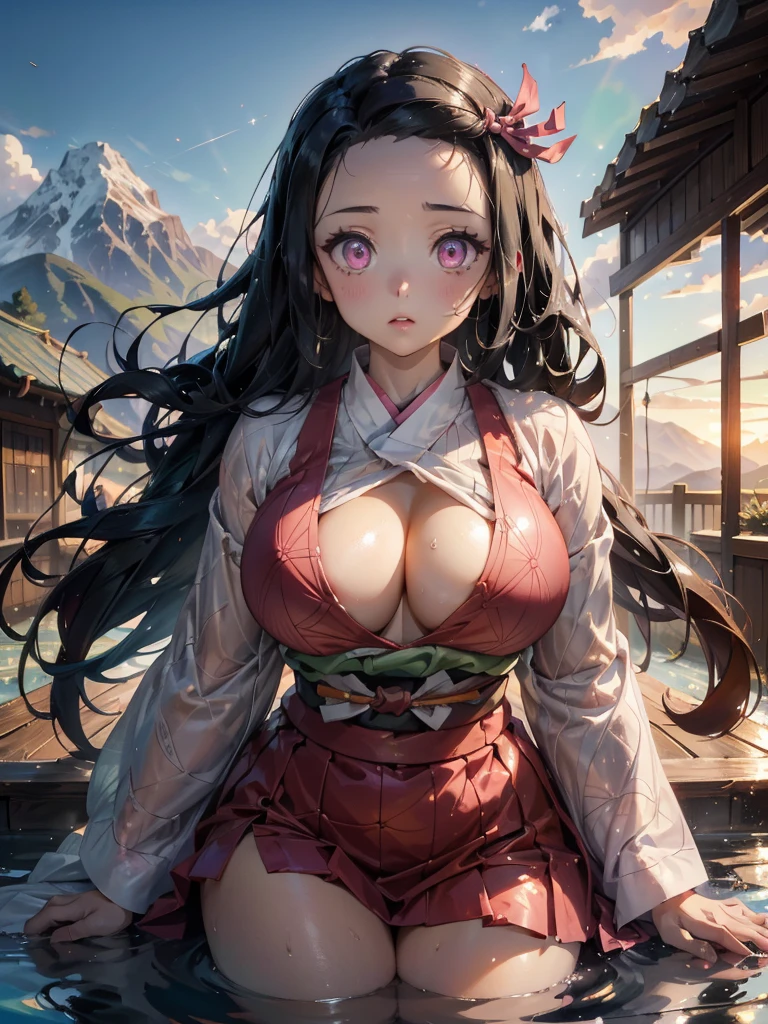 (huge breast), ((masterpiece)), ((best quality)), cute girl, long hair, kimono, bare shoulder