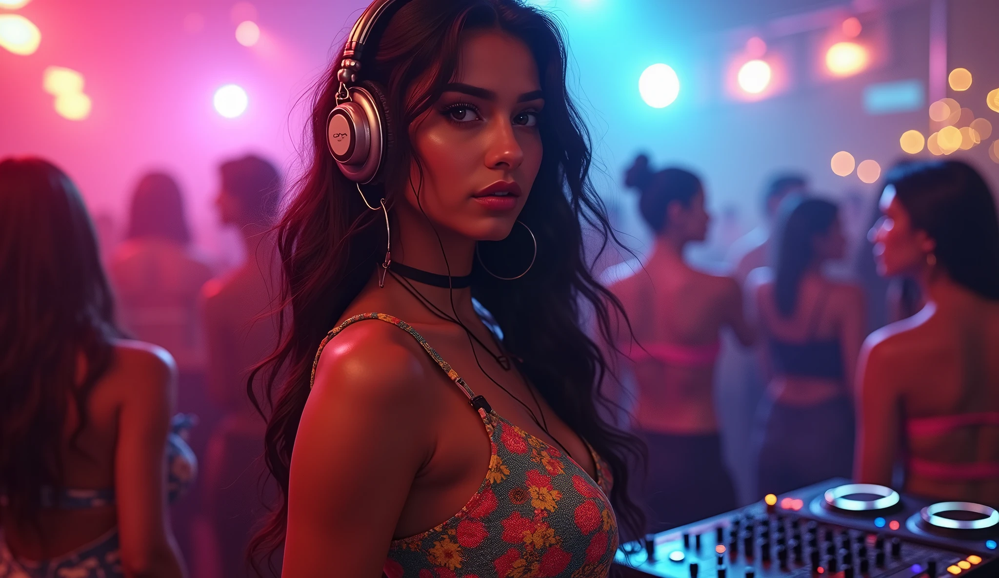 (8k, highest quality, ultra detailed:1.37), (Dina), 18yo, (a free-spirited Pakistani girl), embraces the bohemian festival atmosphere. She wears a boho-chic embroidered top with denim shorts and accessorizes with feathers and beads. She wears DJ headsets, in front of her a DJ console with a bottle of water on it. big breasts, The high-resolution image captures ultra-detailed realism, highlighting Dina's captivating eyes, long eyelashes, and smooth complexion. The vibrant festival setting adds an energetic and colorful backdrop to showcase Dina's carefree and artistic personality.