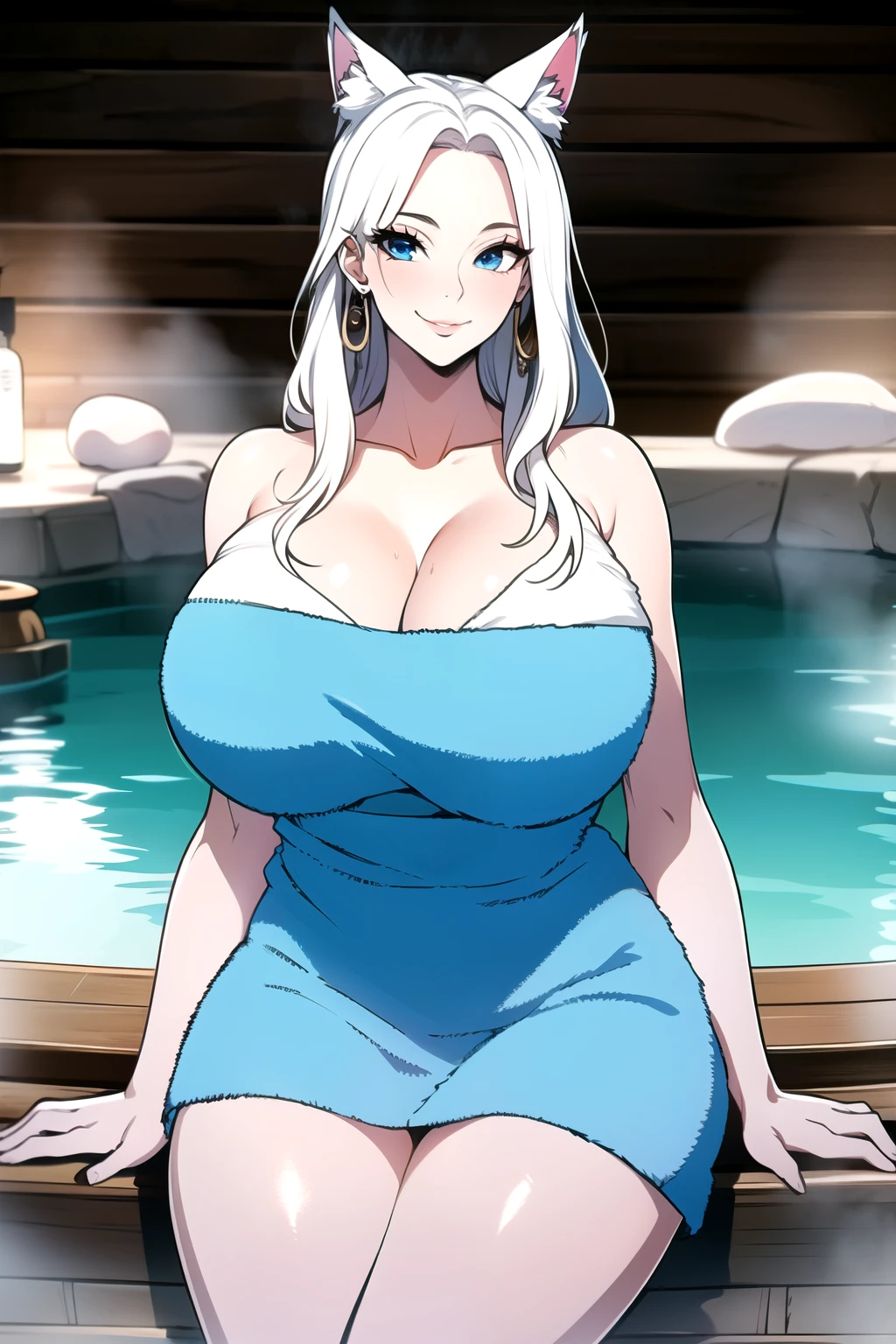 masterpiece, best quality, 1girl，dqBianca, single braid, nude，large breasts，smile，looking at viewer，hot spring，hot spring，rock bath，in water，Bus form，still in the water，take a bath、Full body bath，soaking up to the shoulders，2man，Picking up girls，ossan，ugly man，fat man，age difference，