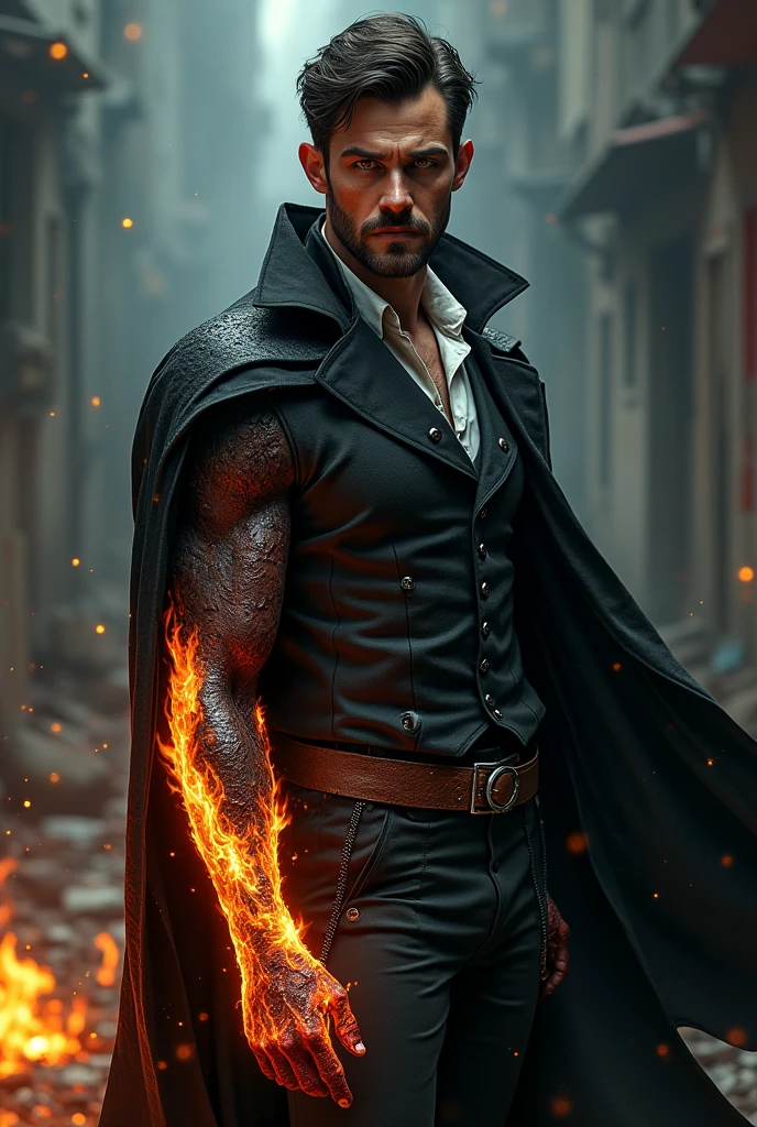 ((Masterpiece)), ((denoise)), ((void noise)), one man, best quality, 8k resolution, male focus, focus only, amazing composition, volumetric lighting, super quality, elegant, Very detailed, (front view), -----------, 35 years old, mature face, muscular, thin body, handsome, (detailed light-gray eyes, detailed eyes), (((light blonde hair, medium lenght hair))), ((big ears)), (((furry pectorals, thick plenty chest hair))), ((pale skin)), (((Medium length beard))), (((((Russell tovey))))),-----------, (((wizard trousers and cape costume attire))), (((flames surounding him))), (((magical lines all around)))