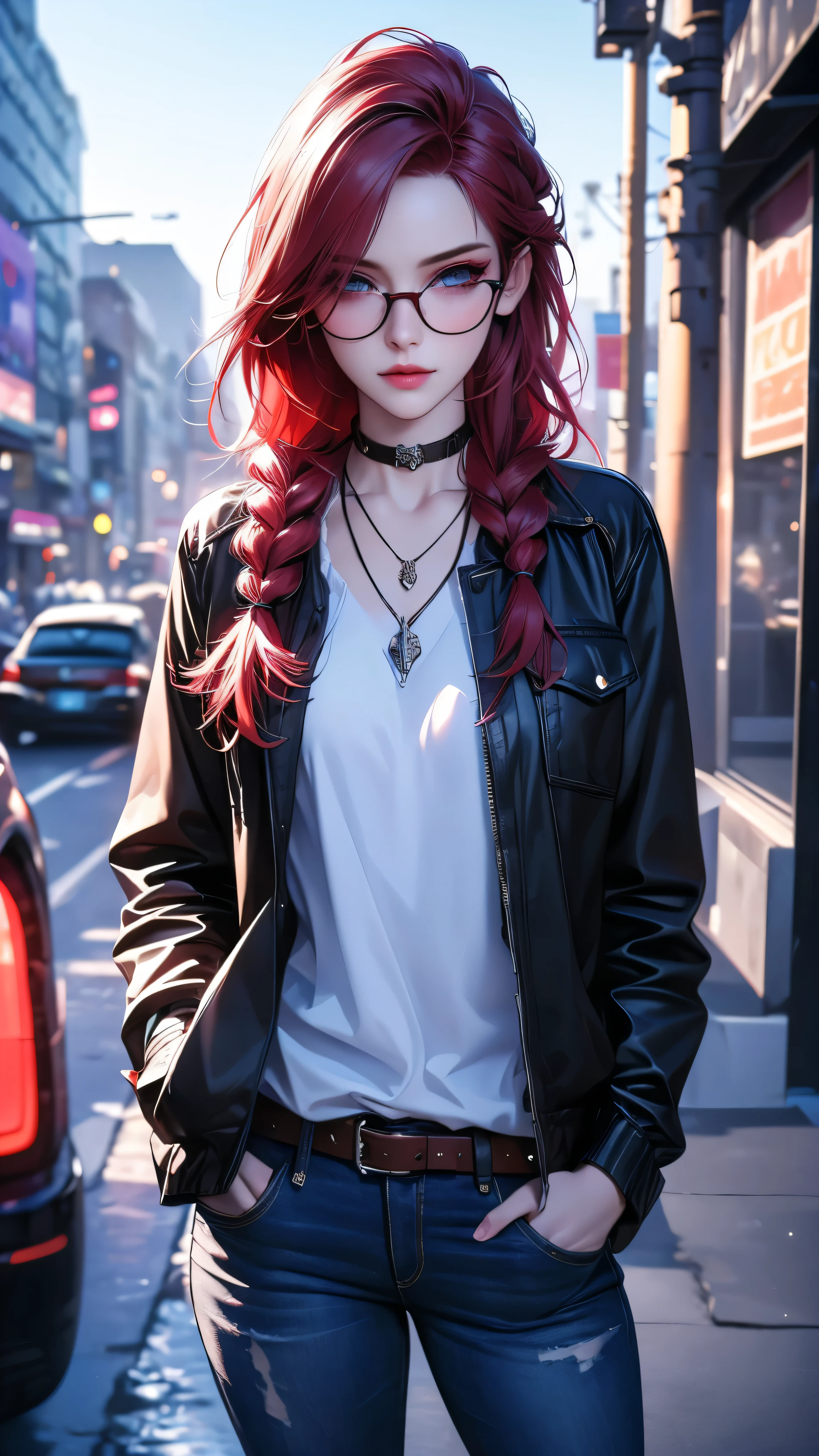 Video game art style black graphics cell shading, neon UHD rendering, cold shades, white cold background, belt, jeans, hands in pockets, 1girl, solo, glasses, long hair, choker, necklace, pendant, parted lips, braid, lips,  blue with red hair, looking at viewer, round eyewear, extremely detailed eyes and face, beautiful detailed eyes, beautiful detailed lips, longeyelashes, realistic, photorealistic, photo-realistic:1.37, depth of field, blurry background, (best quality,4k  ,8k,highres,masterpiece:1.2),ultra-detailed,(realistic,photorealistic,photo-realistic:1.37)
