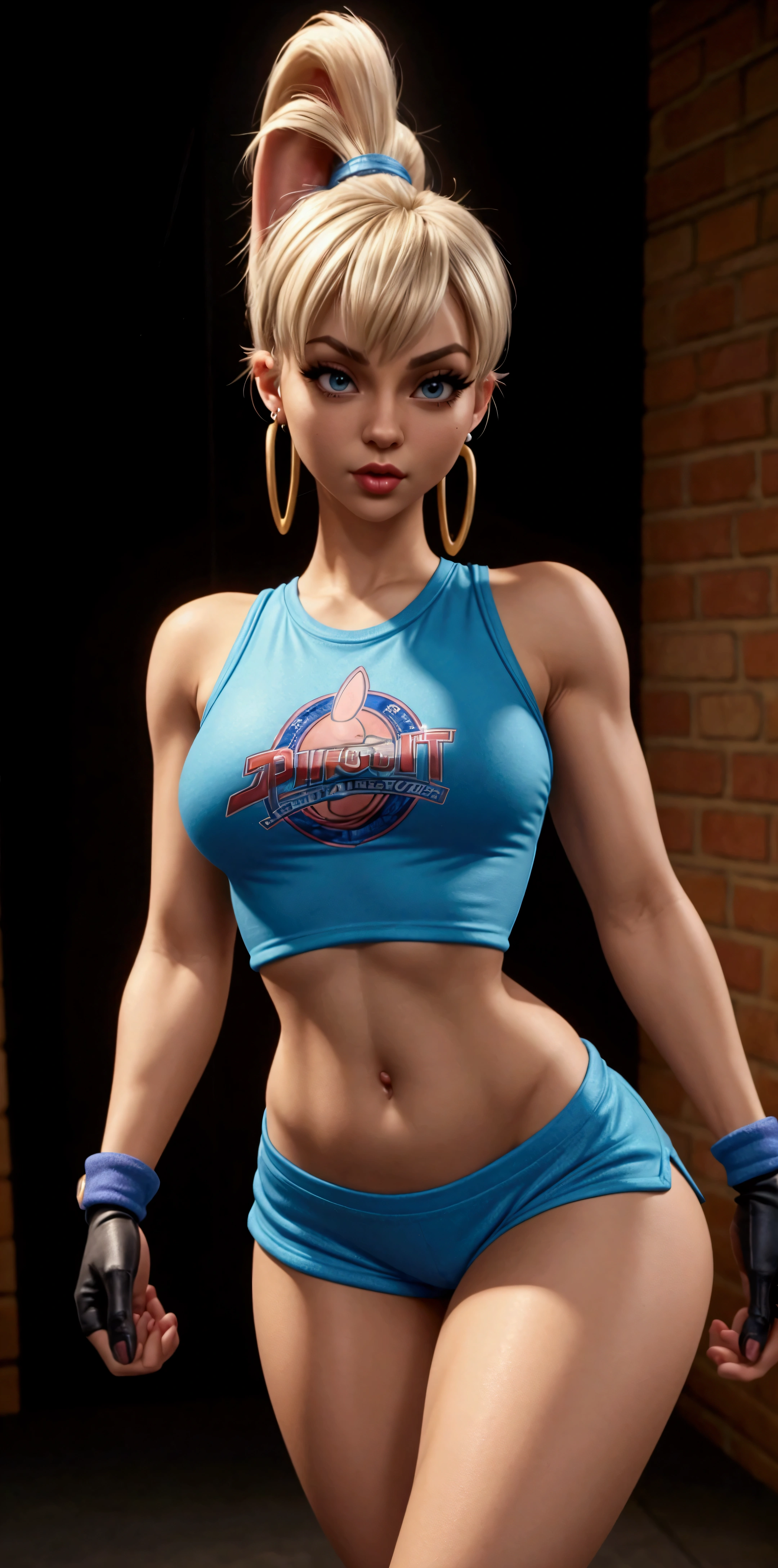 lola bunny, tight t-shirt, sexy pose, thin narrow waist, legs, realistic skin, earrings, short gloves covered arms, open belly, open shoulders, hot body, sport microshorts, sportroom background