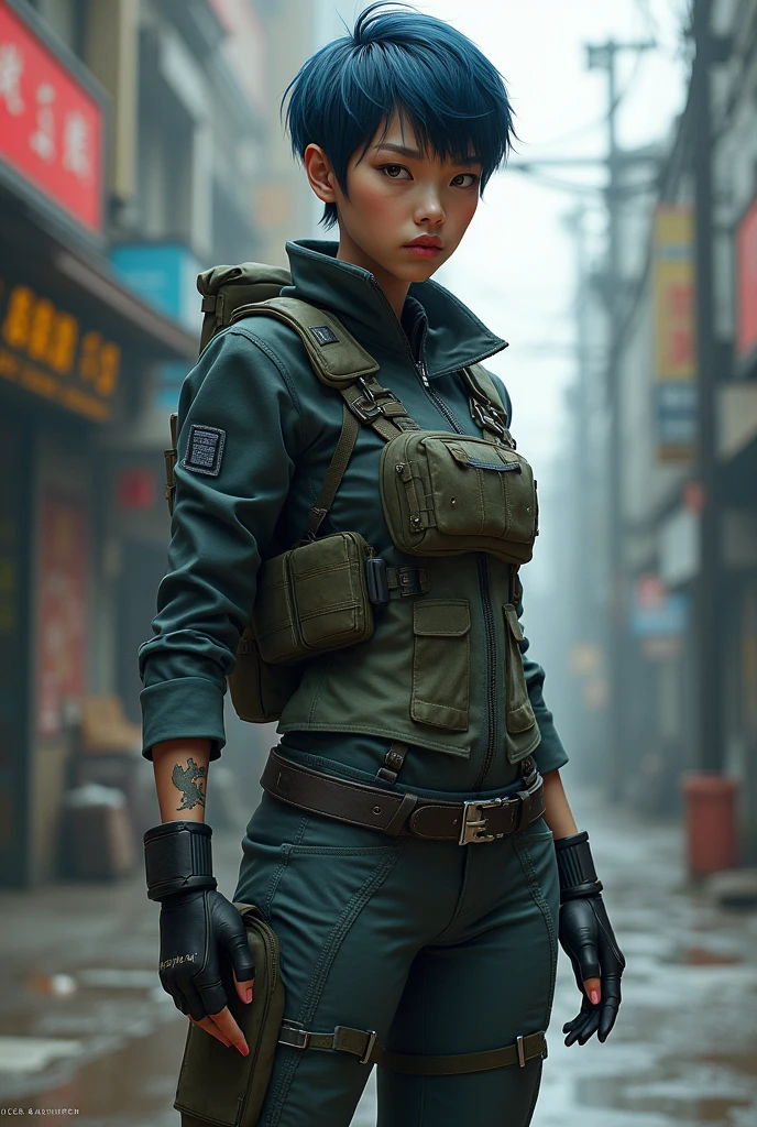 ((Mature Woman))、2 males、 Top quality small breasts (Invisible female genitalia) masterpiece、Ultra-high resolution、((Photorealistic:1.75))、((RAW Photos)) Back alleys in slums、Blue Hair、Pixie Cut、Extra Very Short Hair、((Riders jacket))、(((Being molested by a man's hands)))、