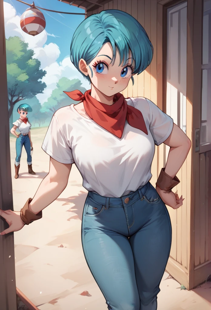 Original style, Bulma, short hair, blue eyes, blue hair, White short-sleeved shirt, jeans, red kerchief around the neck, cowboy boots  