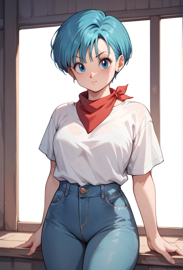 Original style, Bulma, short hair, blue eyes, blue hair, White short-sleeved shirt, jeans, red kerchief around the neck, cowboy boots  