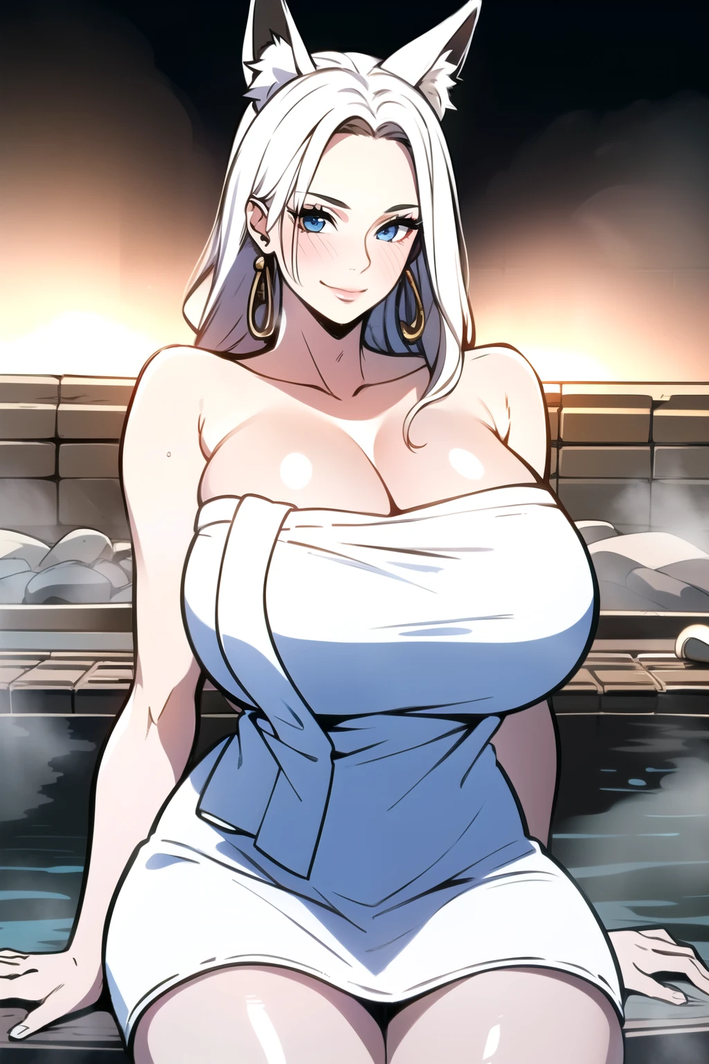 ultra realistic 8k cg, masterpiece, ((ultra detailed background,  intricate detail, highly detailed, fine details best quality, hyperdetailed face)), gigantic breasts ,beautiful lighting, absurdres, BoaHancockV2,  1girl, solo, (white hair), long hair, jewelry, closed mouth, ), , (bath towel : 1.4), (cleavage),, curvy, curvy, thighs, shiny clothes), blue eyes, complex detailed background, ), ((cowboy shot)), curvy, (gigantic breasts: 1.1), seductive smile, cowboy shot, earrings, jewelry, (sitting in hot springs:1.4), fox ears